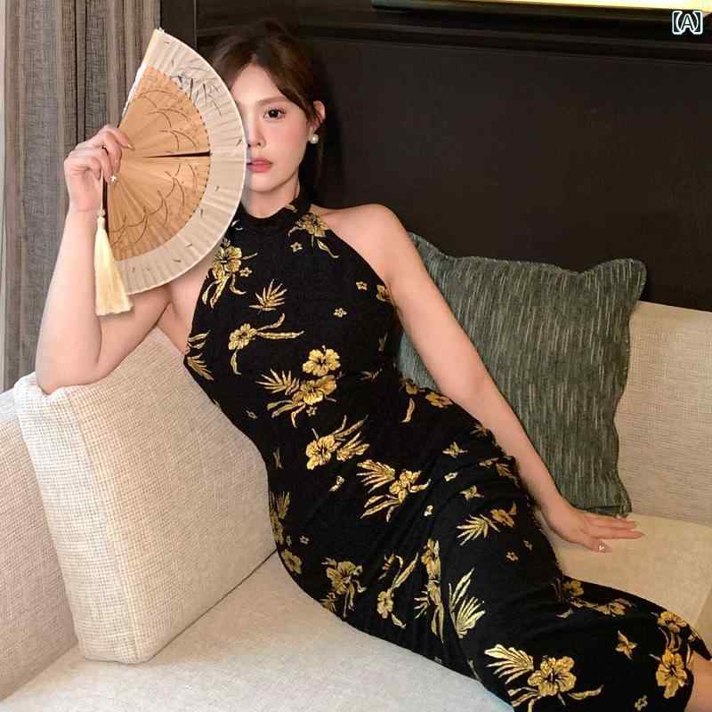 大きめサイズ レディース おしゃれ ファッション 婦人服 幕間 チャイナ風 レトロ ホルターネック ブロンズ ジャカード チャイナ ドレス