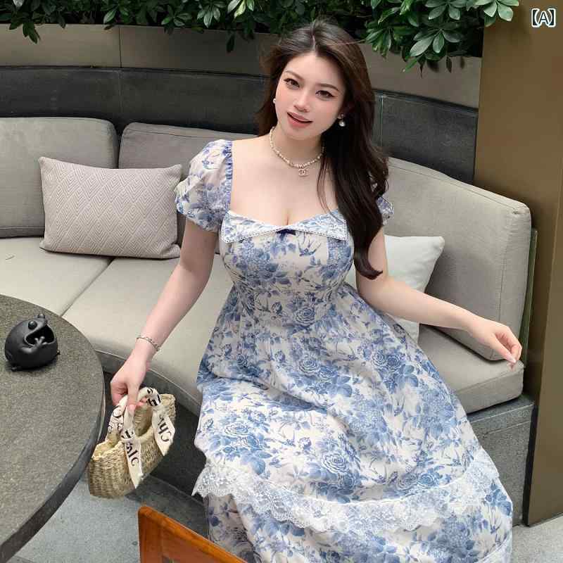 大きめサイズ レディース おしゃれ ファッション 婦人服 スクエアネック レース レトロ プリント 優しい ドレス|おうち健康生活