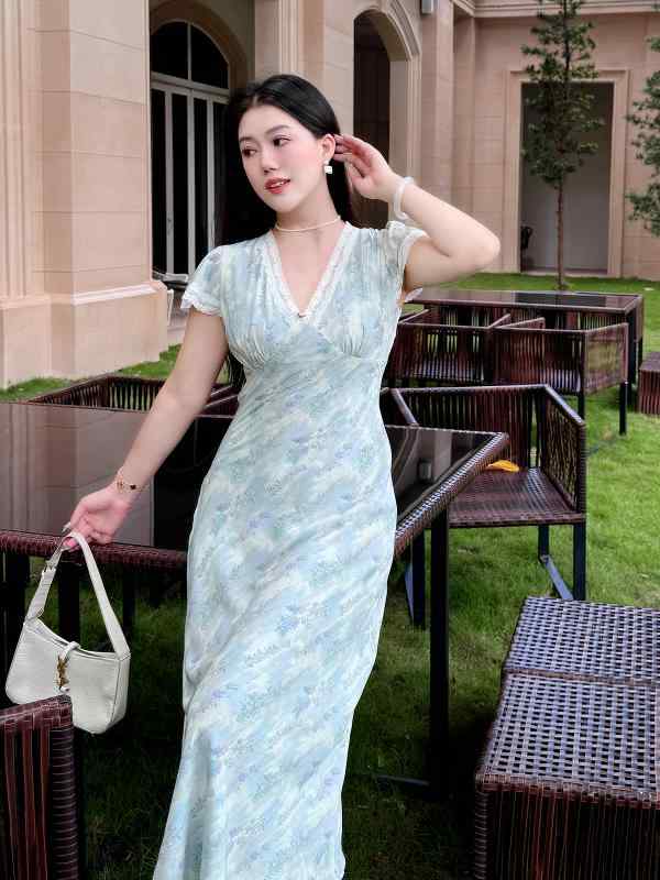 大きめサイズ レディース ファッション ホーム 婦人服 フレンチ プリント クール レース Vネック スリム 半袖 ドレス