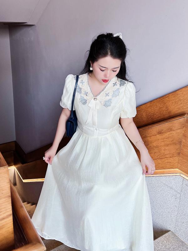 大きめサイズ レディース ファッション ぽっちゃり 夏 フレンチ 刺繍 ロング スカート 優しい ウエスト スリム ドレス