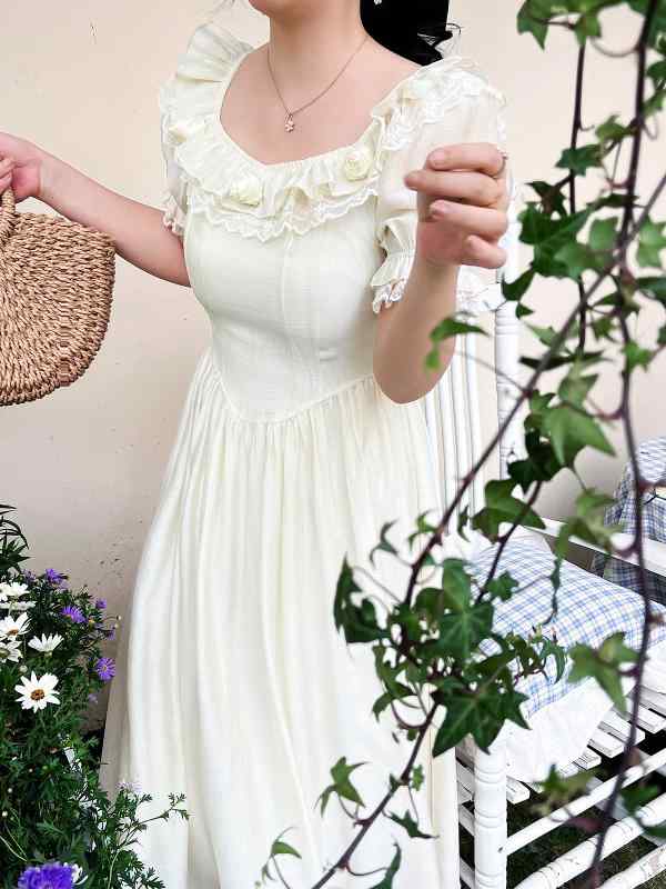大きめサイズ レディース ファッション ホーム 夏 フレンチ レトロ ドレス レース ロング スカート