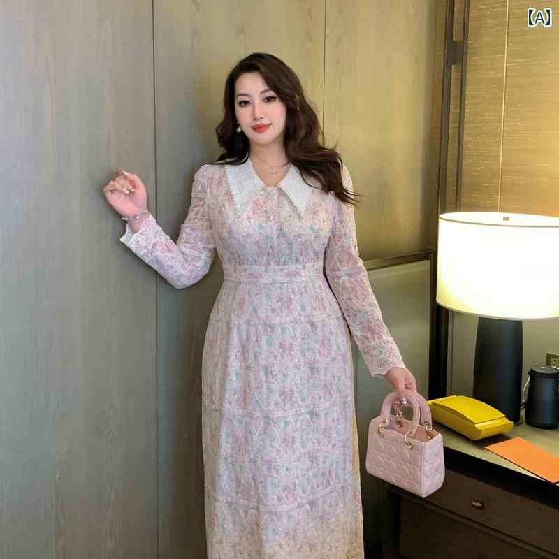 大きめサイズ レディース ファッション 婦人服 秋冬 フレンチ レトロ ジャカード レース 人形 襟 優しい スリム ドレス｜おうち健康生活