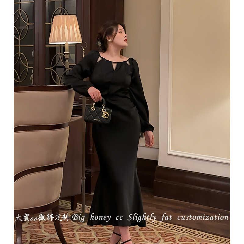 大きめ大きさ レディース 流行り物 御姫様 黒 長袖 フィッシュテール 御召しもの 秋 ぽっ自転車 か細いに