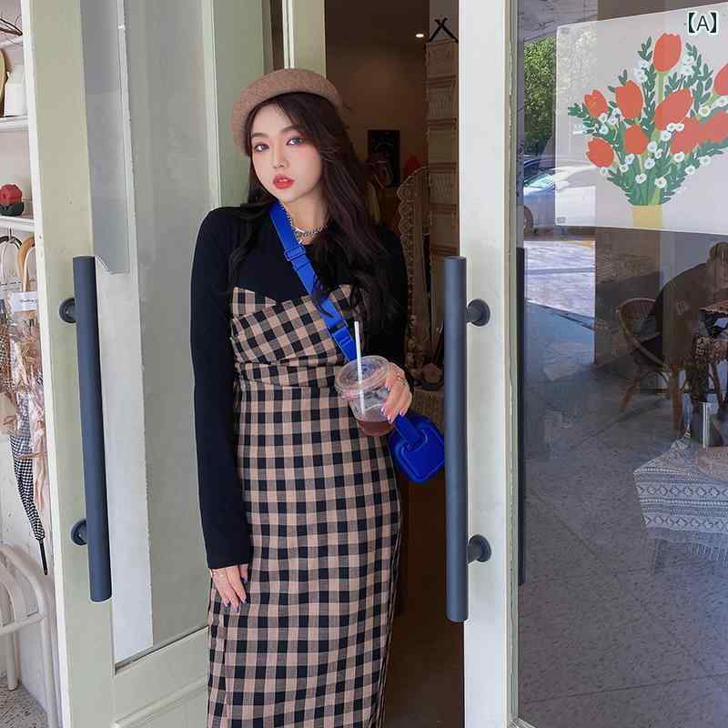 大きめサイズ レディース ファッション ぽっちゃり スリム レトロ 長袖 チェック フェイク セットアップ ドレス 春秋