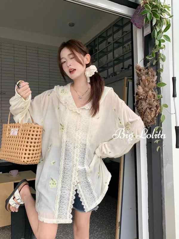 大きめサイズ レディース ファッション 頑丈 レース フード 日焼け防止 服 ぽっちゃり 夏 ゆったり 薄手 涼しい 涼しい コート ぽっちゃり