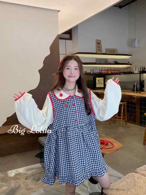 大きめサイズ レディース ファッション 2 かわいい 新年 赤 チェック ドレス 人形 首輪 フェイク ２点 セット ぽっちゃり