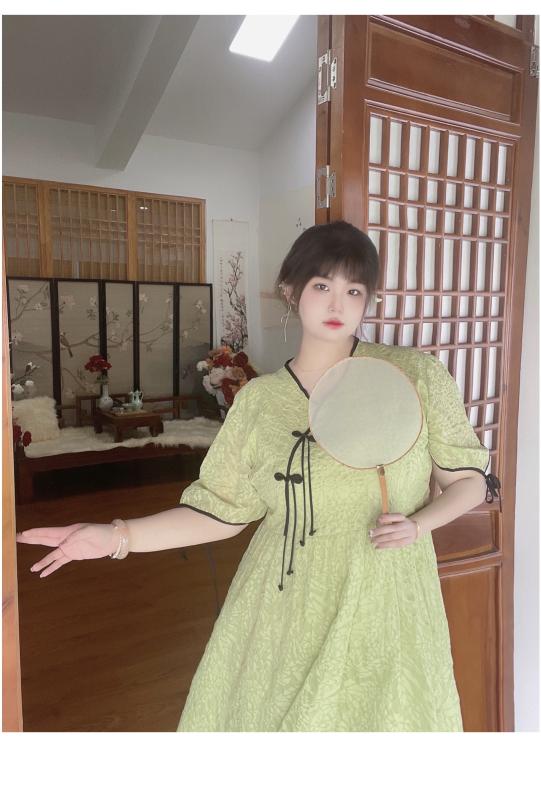 大きめサイズ レディース ファッション ビッグ ロリ チャイナ風 チャイナ ドレス 夏 Vネック パフスリーブ ぽっちゃり