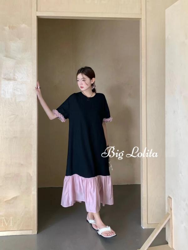 大きめサイズ レディース ファッション ビッグ ロリ 夏 薄手 涼しい 涼しい 半袖 Tシャツ ドレス フィッシュテール ロング スカート ぽっちゃり