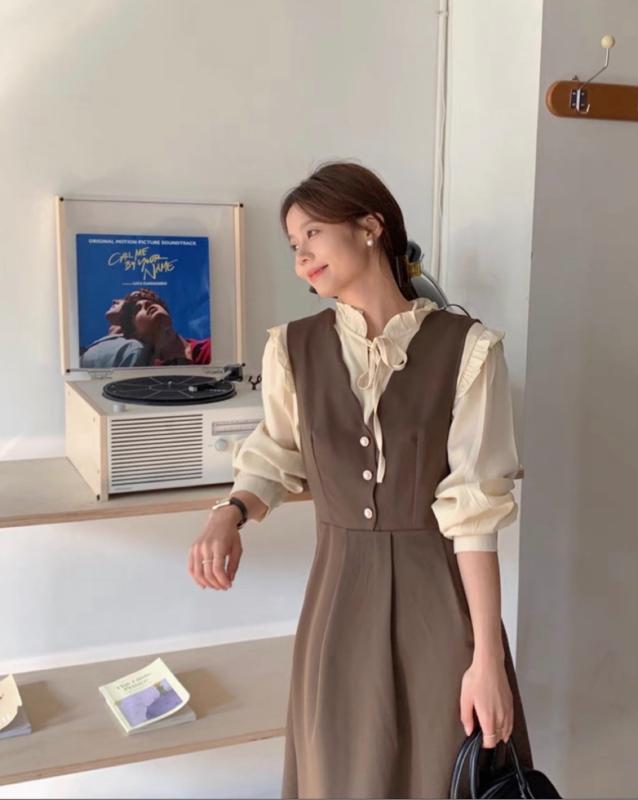 大きめサイズ レディース ファッション ミス コーヒービーン 秋 韓国 通勤 面接 シャツ スリム 肩ひも スカート