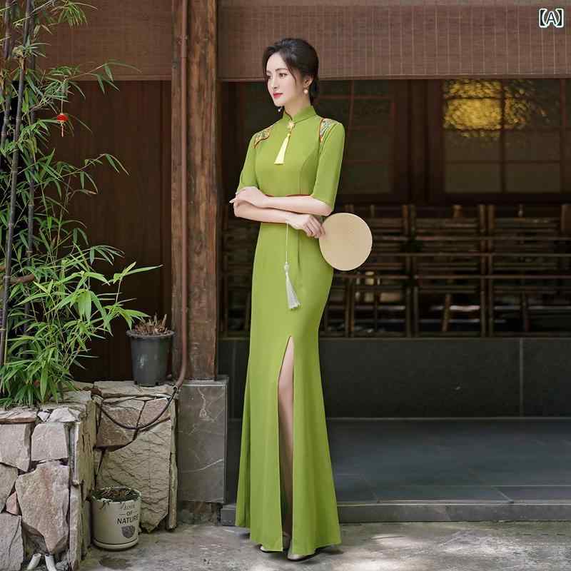 瀬戸もの 御召しもの レディース 晴れ晴れしい 窈窕たる 瀬戸もの風 フィッシュテール レトロ ホスティング 緑であること