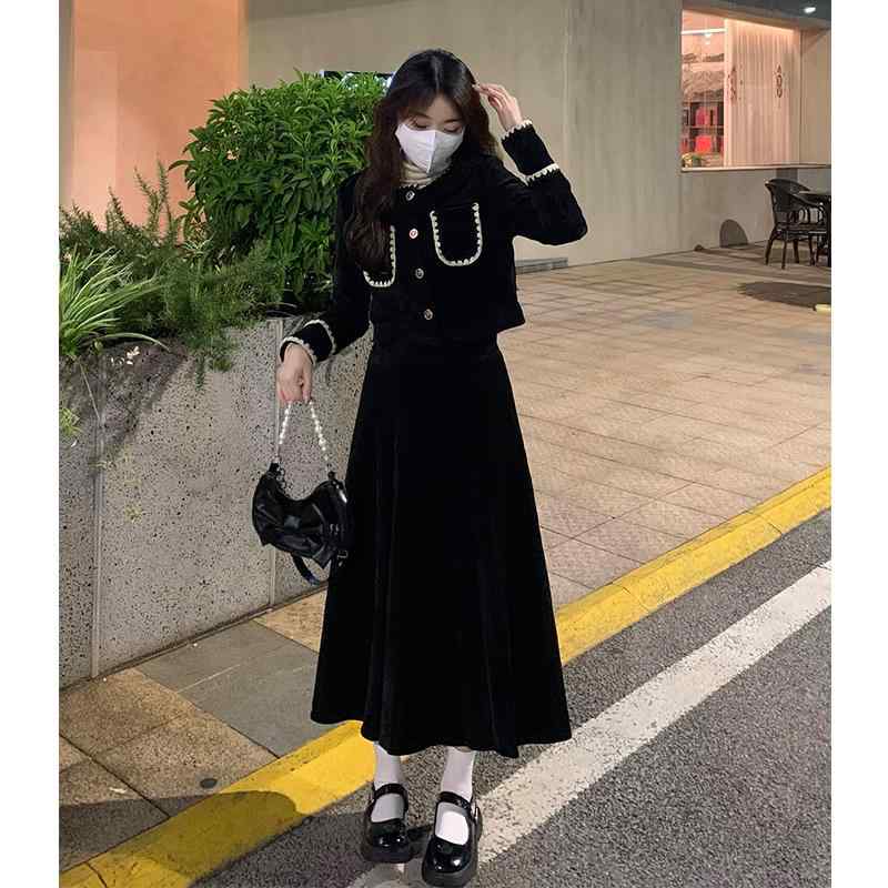 大きめサイズ レディース おしゃれ ファッション 秋冬 婦人服 フランス 裕福 娘 起毛 ショート ジャケット 韓国 ハイウエスト スカート セットアップ