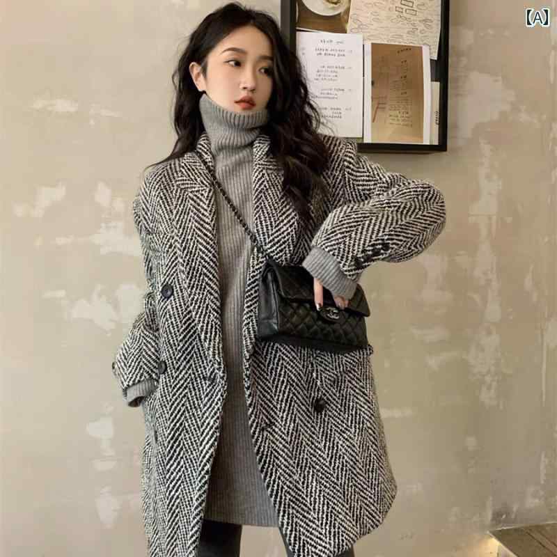 大きめサイズ レディース おしゃれ ファッション 秋服 スモール ウール コート ゆったり 丈 ヘリンボーン ウール コート