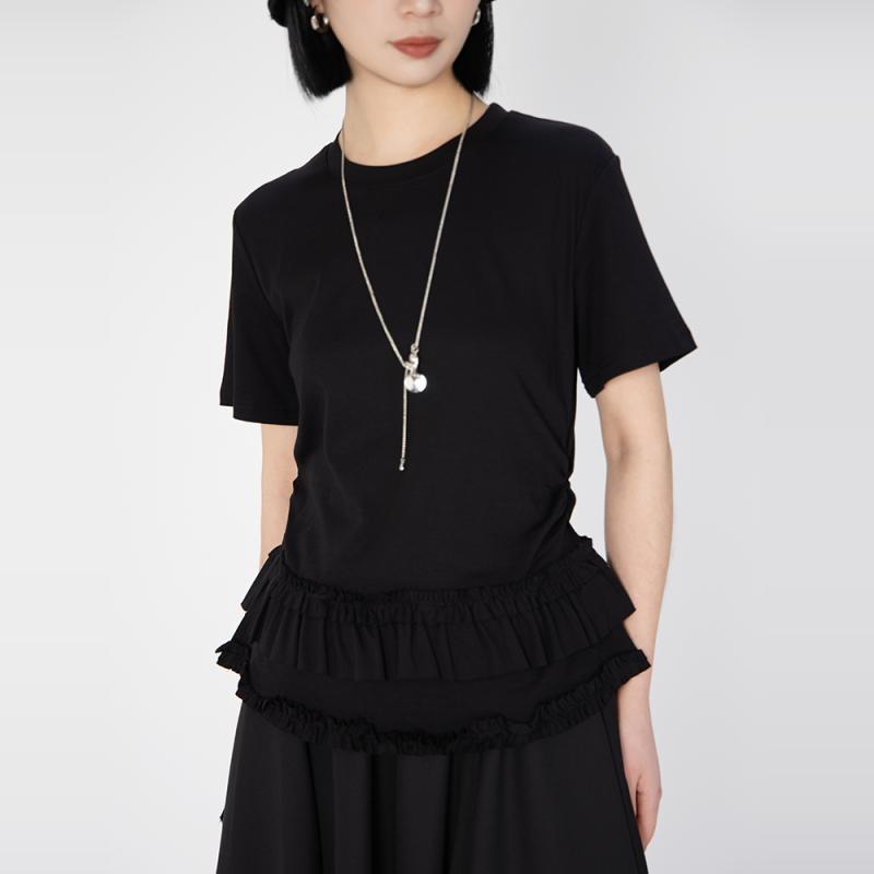 レディース ファッション おしゃれ 年 夏 ラウンドネック フリル 半袖 Tシャツ スリムフィット スリム｜おうち健康生活