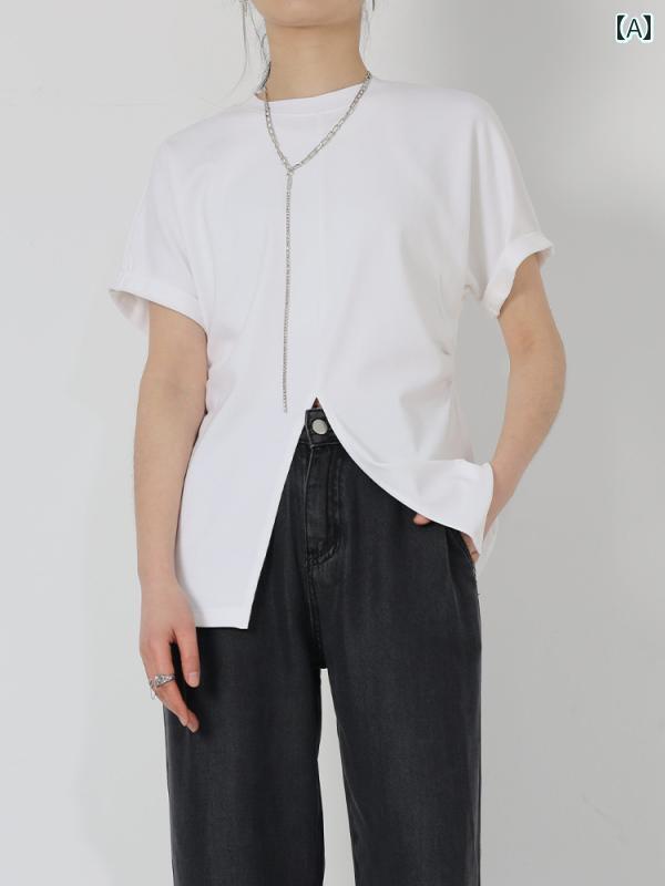 レディース ファッション おしゃれ セパレート Tシャツ 半袖 ブラック ラウンドネック ニット スリム ストレッチ 半袖 夏