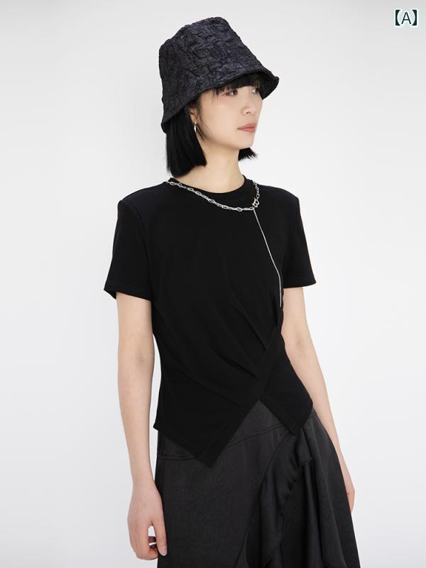 レディース ファッション おしゃれ 夏 不規則 チェーン ラウンドネック 半袖 Tシャツ ゆったり カジュアル 快適|おうち健康生活