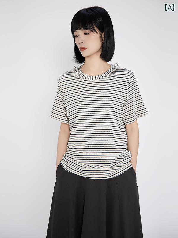 レディース ファッション おしゃれ 夏 ラウンドネック ストライプ ウッド 耳 エッジ ラウンドネック 半袖 Tシャツ カジュアル 快適