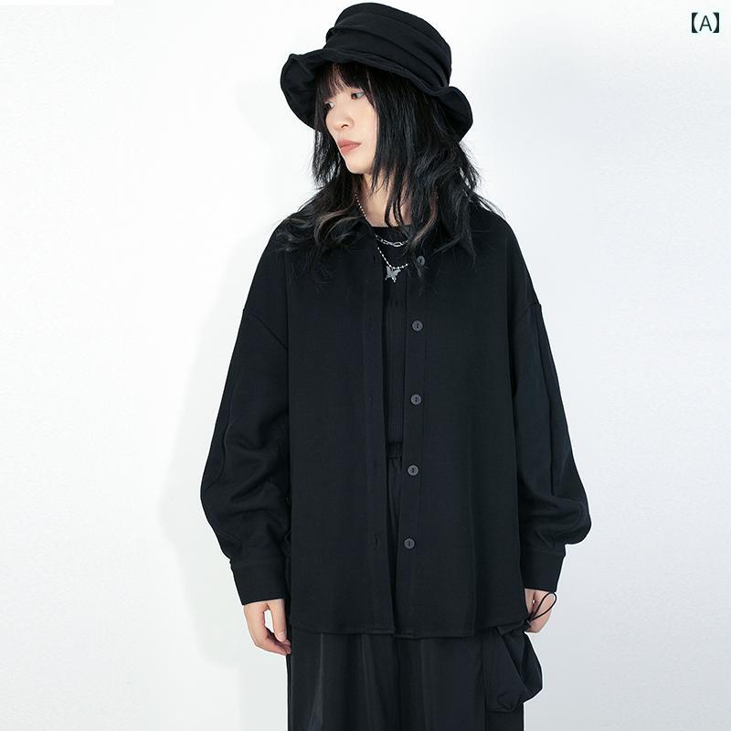 レディース ファッション おしゃれ ニット シャツ 長袖 ダーク ゆったり 黒 スリム 秋型
