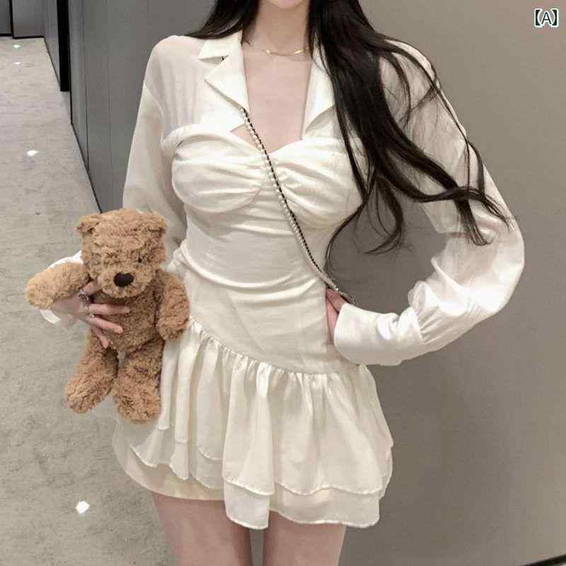 レディース ファッション おしゃれ フェミニン 春秋 ガール 長袖 シャツ ドレス 白 スクエアネック プリーツ ウエスト スリミング ショート スカート