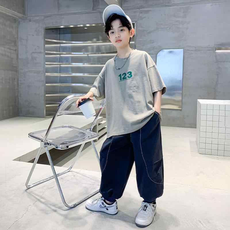セットアップ 男の子 ジュニア 春夏 半袖Tシャツ 長ズボン 上下セット コットンブレンド カジュアル 薄手 ロゴプリント おしゃれ 快適 普段使い ルームウェア