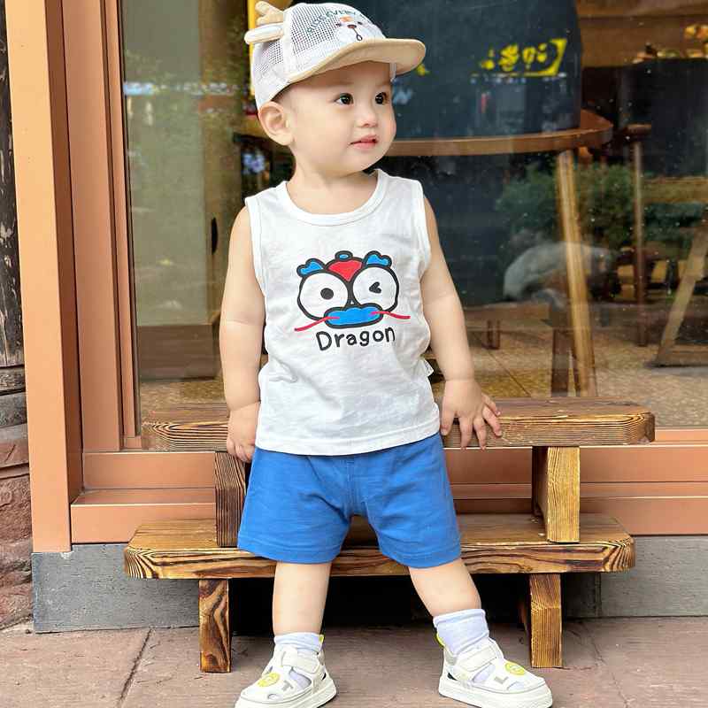 ベビー服 男の子 夏物 ベスト ノースリーブ ショートパンツ 短パン 2点セット 上下セット 綿 薄手 カートゥーン柄 ルームウェア 普段着
