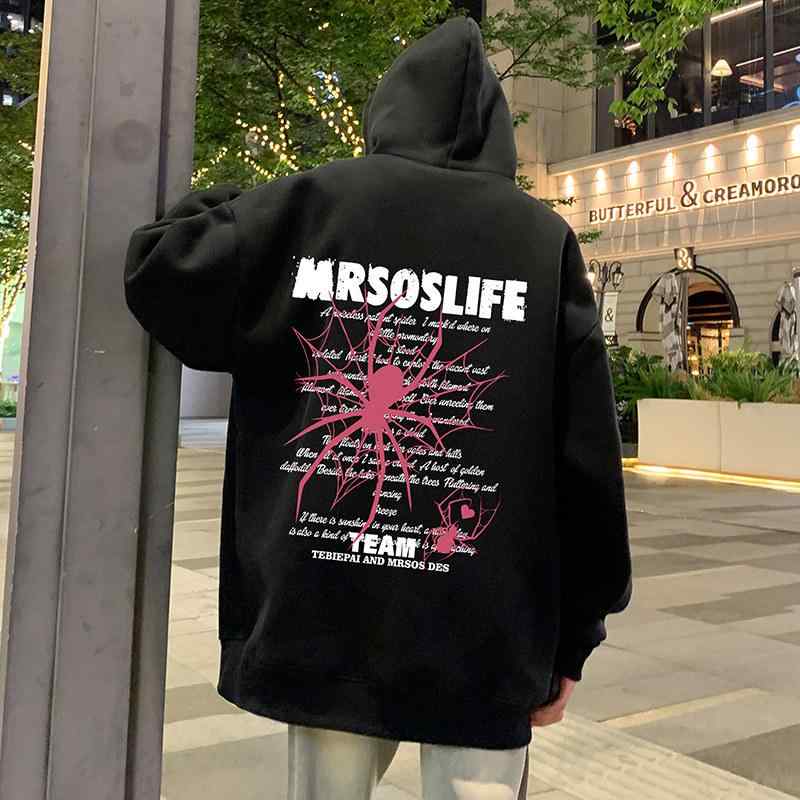 パーカー メンズ クモ柄 プリント オーバーサイズ ゆったり ドロップショルダー 綿 フード付き 長袖 ストリートカジュアル 春秋 トップス