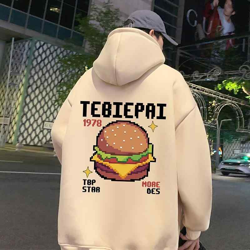 パーカー メンズ アメリカン ピクセル風 ハンバーガー プリント フード付き スウェット ドロップショルダー ゆったり ルーズ カジュアル 綿 コットン 春秋冬