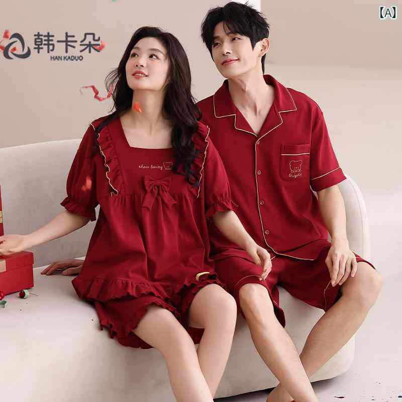 カップル ペア ルームウェア お揃い メンズ レディース パジャマ リラックス コットン ウェディング レッド 新婚 半袖 夏 コットン｜おうち健康生活