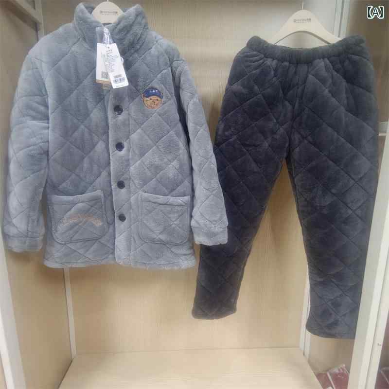 ルームウェア メンズ パジャマ リラックス 冬 スタンドカラー 厚手 コーラル フリース コットン ジャケット 快適 ファッション カジュアル セット｜おうち健康生活