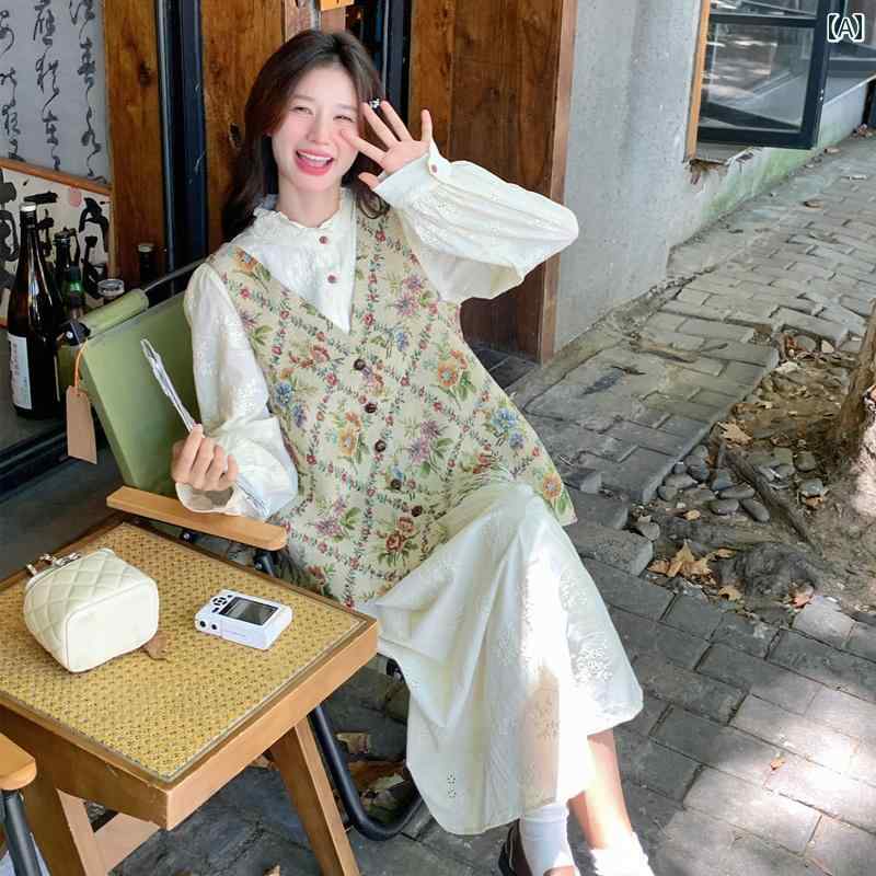 レディース ファッション ゆったり おしゃれ 甘くて フェアリー プリント ベスト ホワイト レース 刺繍 ロング スカート 優しい 衣装 セットアップ ドレス 秋