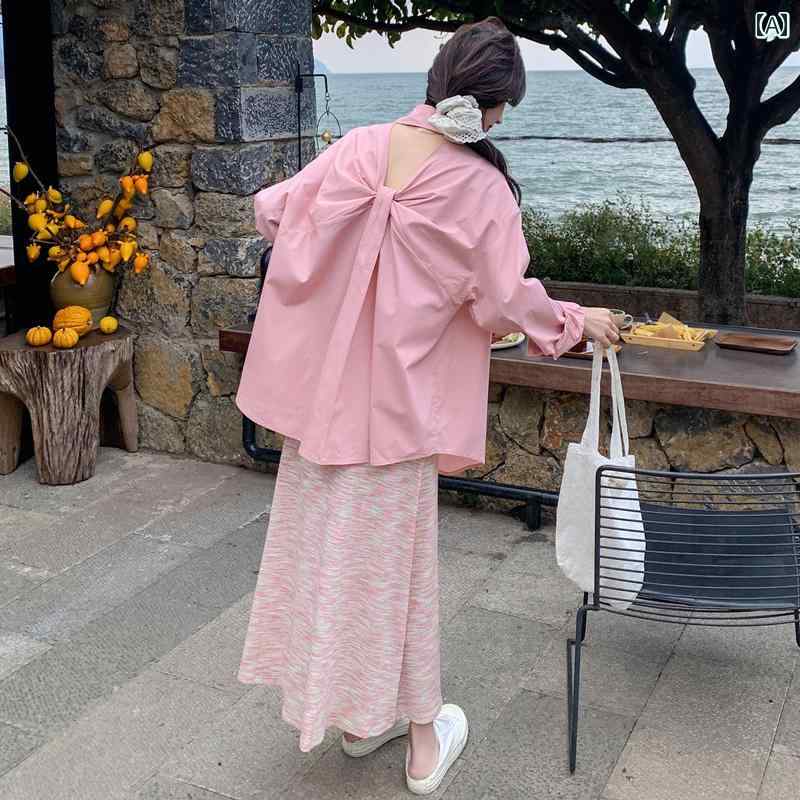 レディース ファッション ゆったり おしゃれ 優しくて バックレス リボン シャツ スリム 肩ひも ロング スカート セットアップ ドレス 春