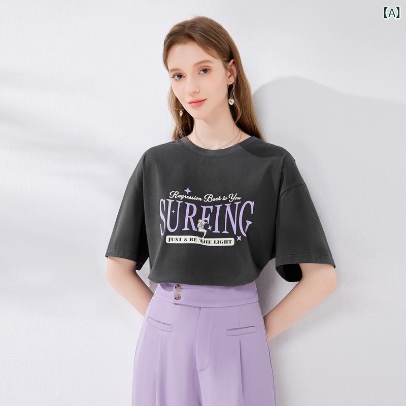 トップス レディース 夏 おしゃれ 上皮 エレガント 婦人服 レター プリント 半袖 Tシャツ ゆったり アメリカン カジュアル ラウンドネック