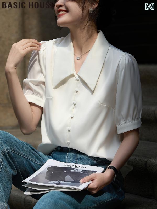 トップス レディース 夏 おしゃれ 上皮 エレガント 婦人服 ホワイト 半袖 シャツ 年 フレンチ パフスリーブ