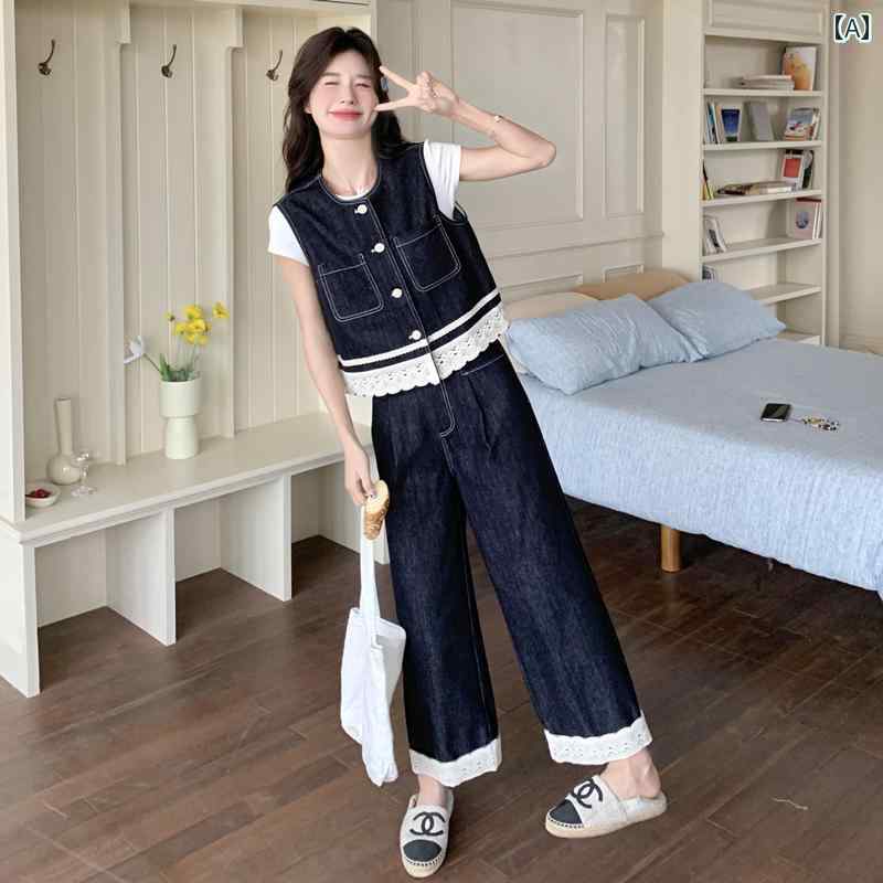 セットアップ レディース カジュアル おしゃれ 上品 甘くて 辛い 服装 レース 薄手 涼しい 涼しい デニムベスト 夏 カジュアル スリム 九分丈 パンツ|おうち健康生活