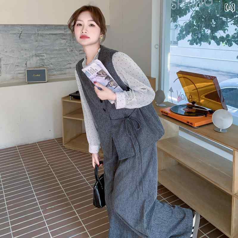 セットアップ レディース カジュアル おしゃれ 上品 グレー 軽量 涼しい 涼しい 大人 フレンチ ドット 柄 シャツ スリム ベスト カジュアル ワイドレッグ パンツ 3点セット 春