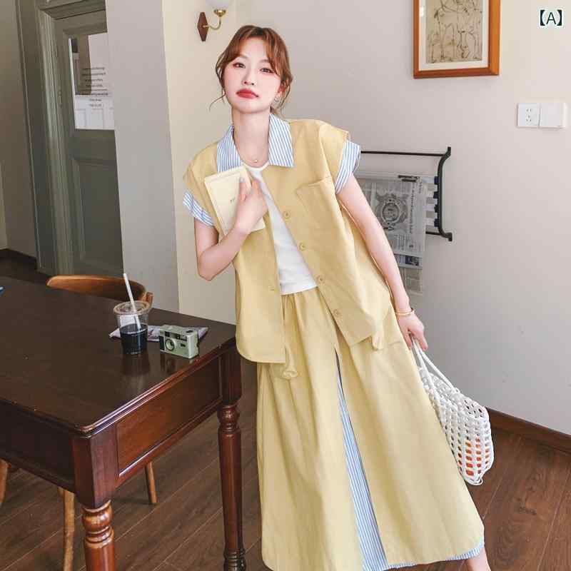セットアップ レディース カジュアル おしゃれ 上品 黄 味 甘味 服装 薄手 涼しい 涼しい カジュアル シャツ 夏 スリム フェイク スカート