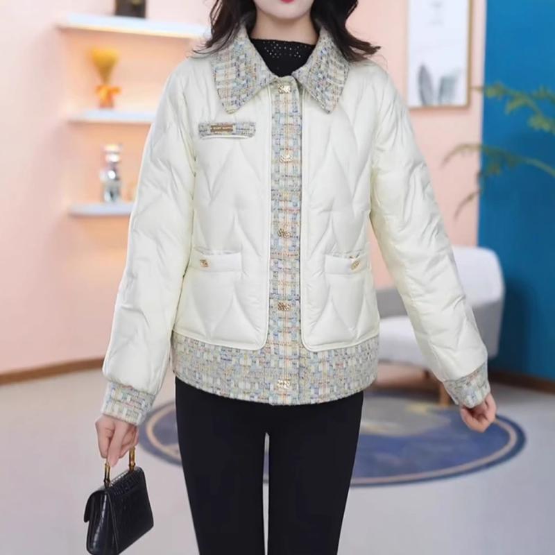 ジャケット レディース 女性用 秋冬 欧風 エレガント デザイン オフホワイト 綿入り 切り替え 厚手 保温 防寒 ロングスリーブ ゆったり ポケット付き カジュアル ポロ襟 アウター
