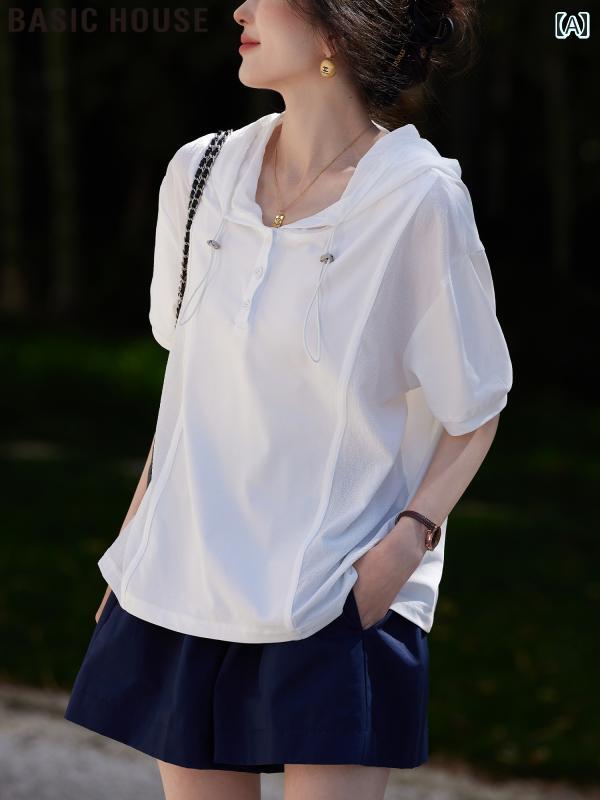 トップス レディース おしゃれ カジュアル ホワイト ストレート ショルダー フード 半袖 Tシャツ 夏 スリム 大きめサイズ スウェットシャツ