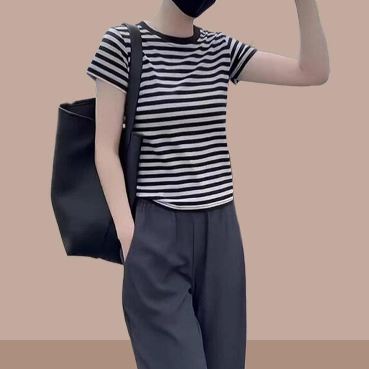 セットアップ レディース カジュアル パンツセットアップ ストライプ 半袖 Tシャツ ハイウエスト ロングパンツ 綿混 ポリエステル素材 夏 ファッション トレンド 上品 2点セット