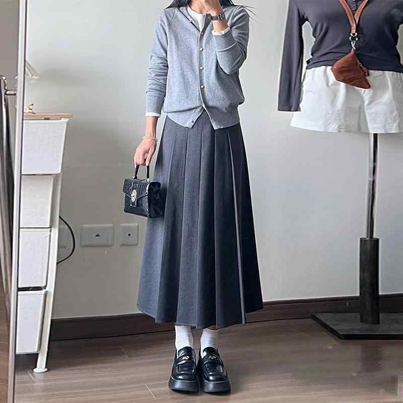 スカート レディース 黒 毛織 プリーツ Aライン フレア ミモレ丈 ロング丈 ハイウエスト 細見え