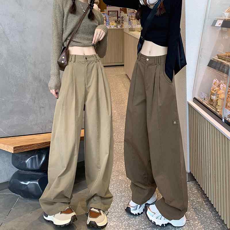 ワークパンツ レディース カーキ 春夏 秋 ハイウエスト ゆったり カジュアル ワイドレッグ