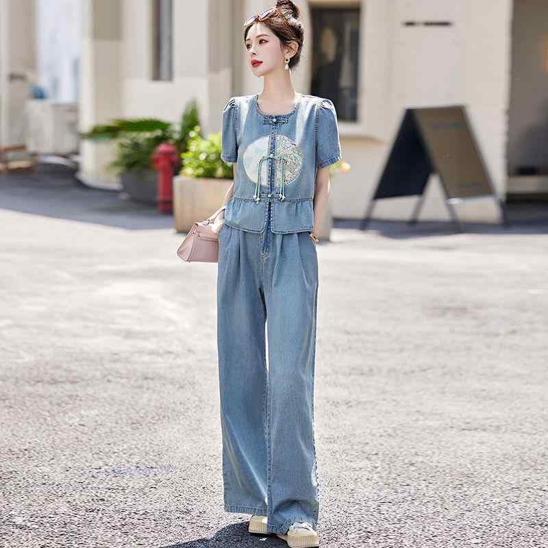 大きいサイズ デニムセットアップ レディース 夏 中国風 刺繍 ワイドレッグパンツ 2点セット