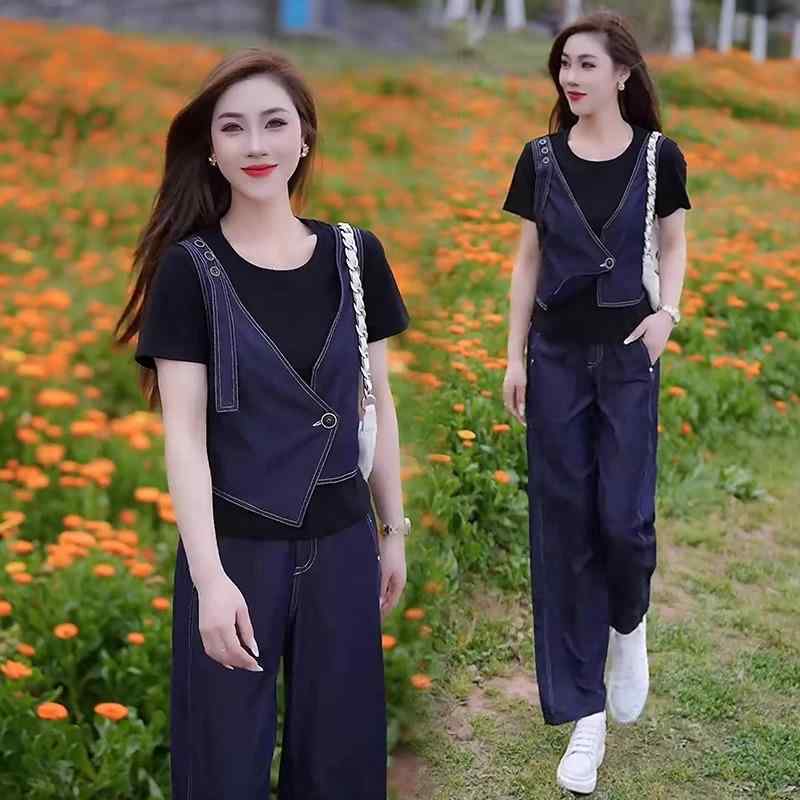 大きいサイズ デニムセットアップ レディース 夏 半袖 ワイドパンツ 上下 2点セット
