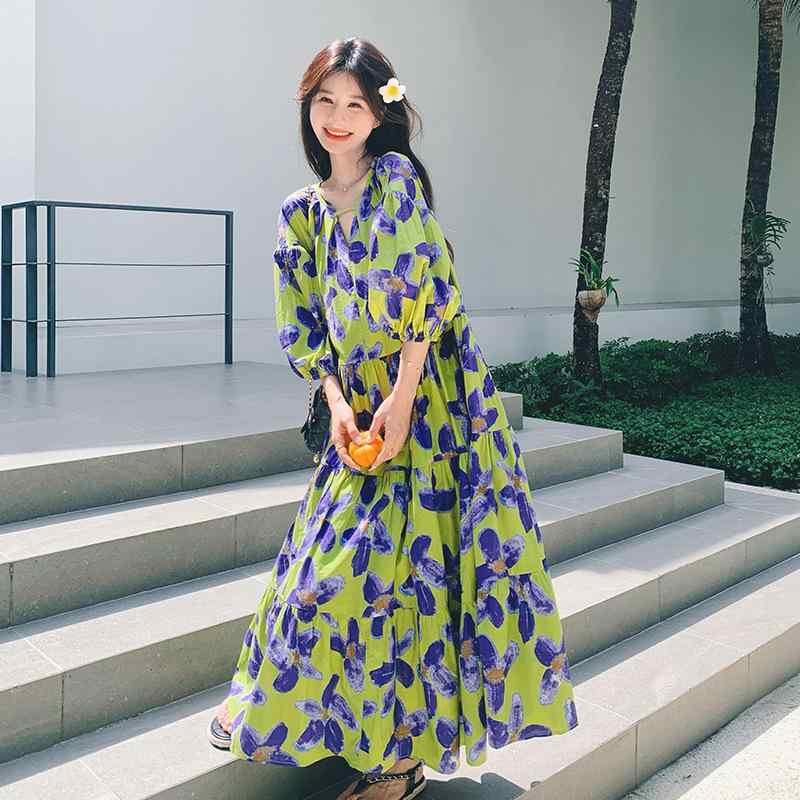 ワンピース レディース グリーン Vネック プリント 花柄 ロング丈 マキシ丈 ポリエステル 春夏 韓国風 個性的 ゆったり ルーズ 細見え リゾート バカンス レトロ クラシカル 高級感
