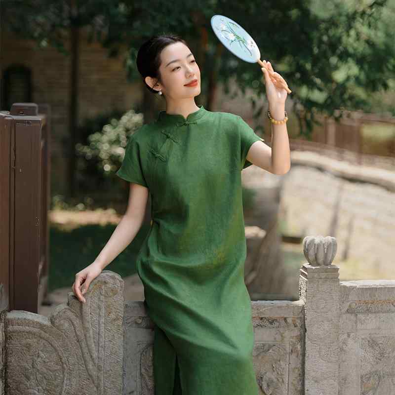 ワンピース レディース 新中国風 レトロ 改良チャイナドレス リネン 麻 花柄 プリント 半袖 夏 ロング丈 Aライン ゆったり 体型カバー 上品 エレガント カジュアル 普段使い