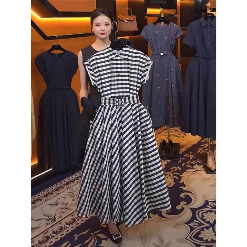 ワンピース レディース 夏 モノトーン 千鳥格子 Aライン ポロ襟 パフスリーブ 七分袖 ハイウエスト ロング丈 スリム エレガント 上品 レトロ クラシック シルケット加工綿 通勤 オフィス