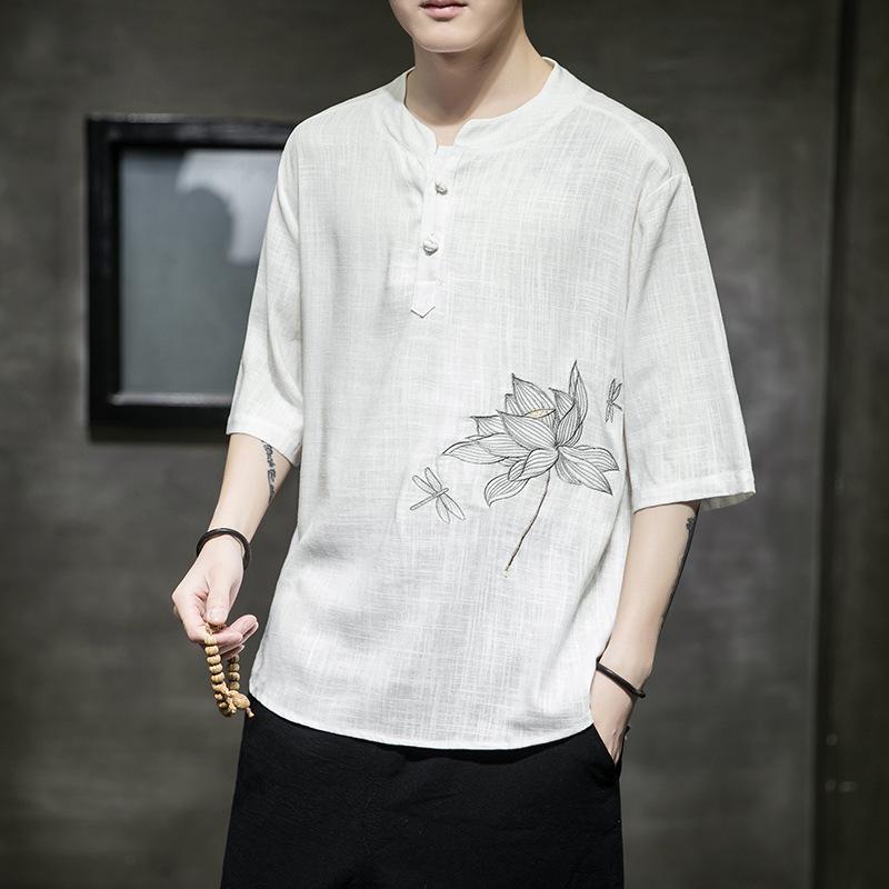 Tシャツ メンズ 半袖 綿麻 リネンブレンド 中国風 唐装 刺・墸 植物花卉 レトロデザイン ゆったり ルーズフィット 夏 薄手 通気性 涼しい 快適 カジュアル 普段使い