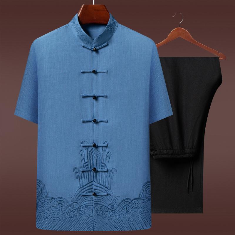 メンズ シニア向け チャイナ服 セットアップ 半袖 夏用 綿麻 薄手 ゆったり ルーズシルエット カジュアル 普段着 リラックスウェア 快適 中華風 刺・墸デザイン