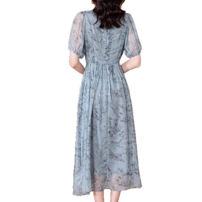 ワンピース レディース シフォン 夏 ママ 上品 高級感 ミモレ丈 Aライン 半袖 ハイウエスト クルーネック 花柄 プリーツ リボン