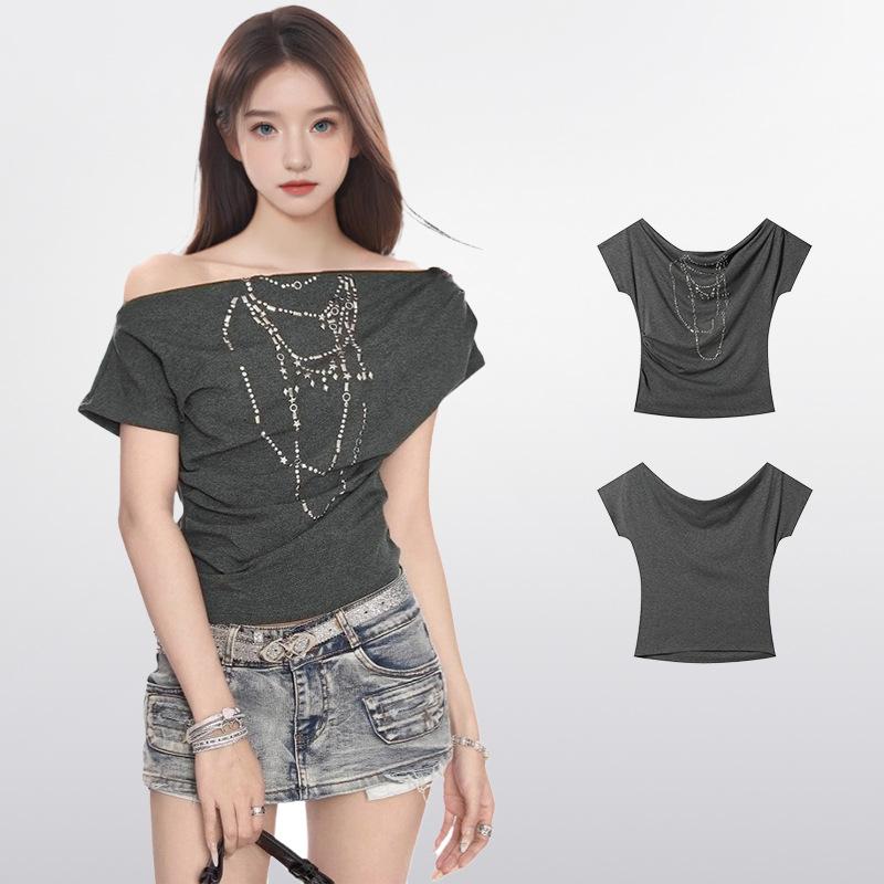 Tシャツ レディース トップス 半袖 ワンショルダー オフショルダー ショート丈 クロップド丈 肌見せ スリムフィット 細見え アメカジ 再生繊維 グレー 春夏