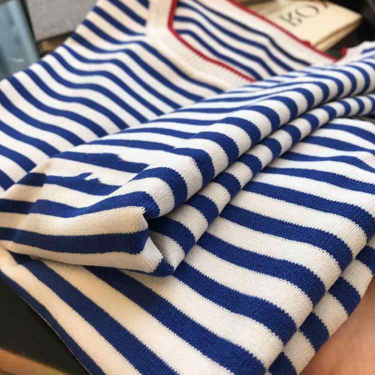 Tシャツ レディース サマーニット ブルー ホワイト ボーダー Vネック ラウンドネック ゆったり 薄手 半袖 接触冷感 春夏